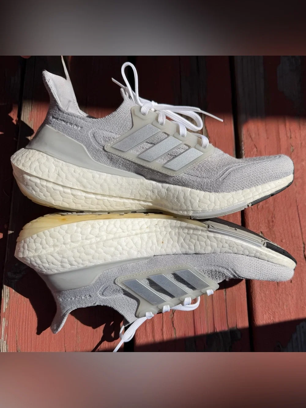 adidas Ultraboost Women’s White and Grey Knit Running Shoe with Three-Stripes